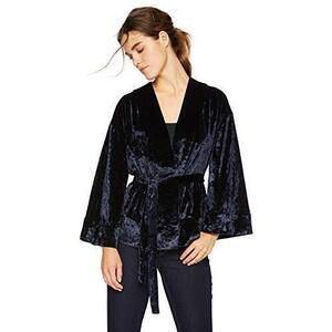 9987 Women's Leslie Crushed Velvet Kimono With Belt, Navy, M